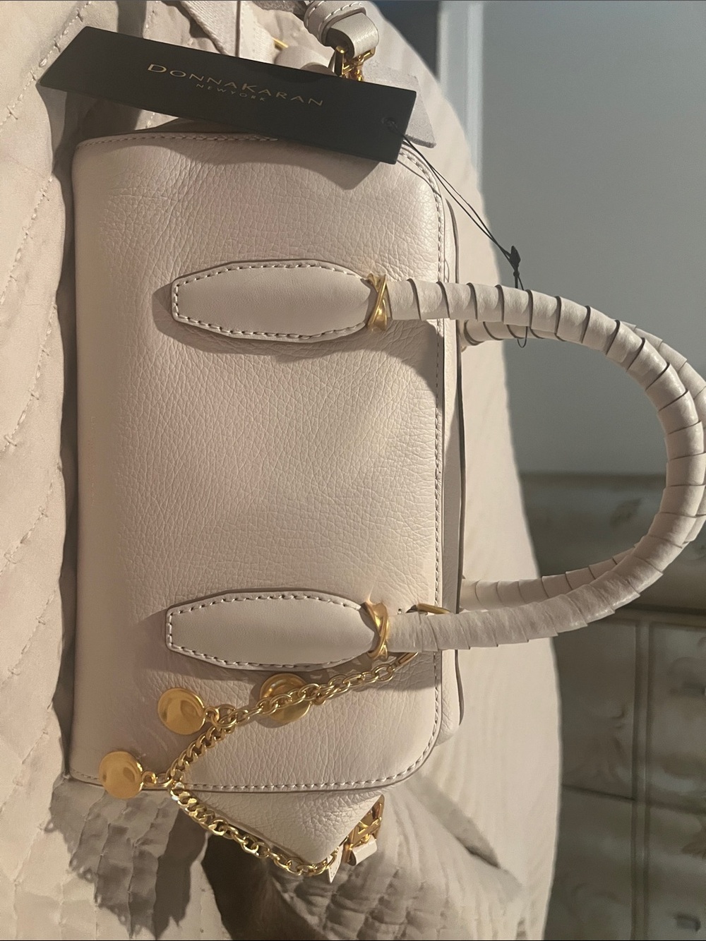 Donna Karan White Leather Satchel with Gold Chain Accents